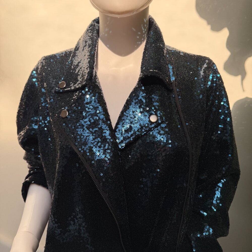 NWOT Peacock Blue Sequin Moto Biker Jacket